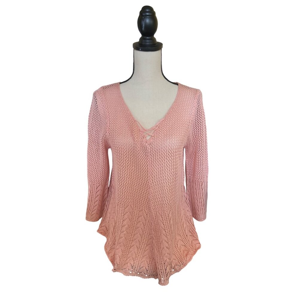 Southern Lady Womens Sweater Medium Pink Crochet Knit V-Neck Cottagecore